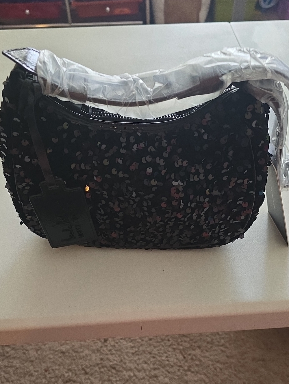 Black Sequin Mini Shoulder Bag with Top Handle